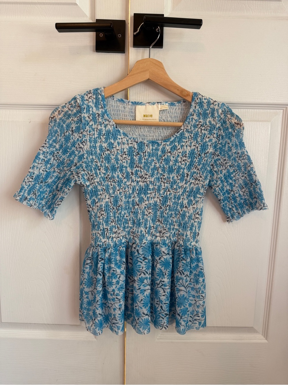 Maeve Blue and White Smocked Floral Peplum Blouse
